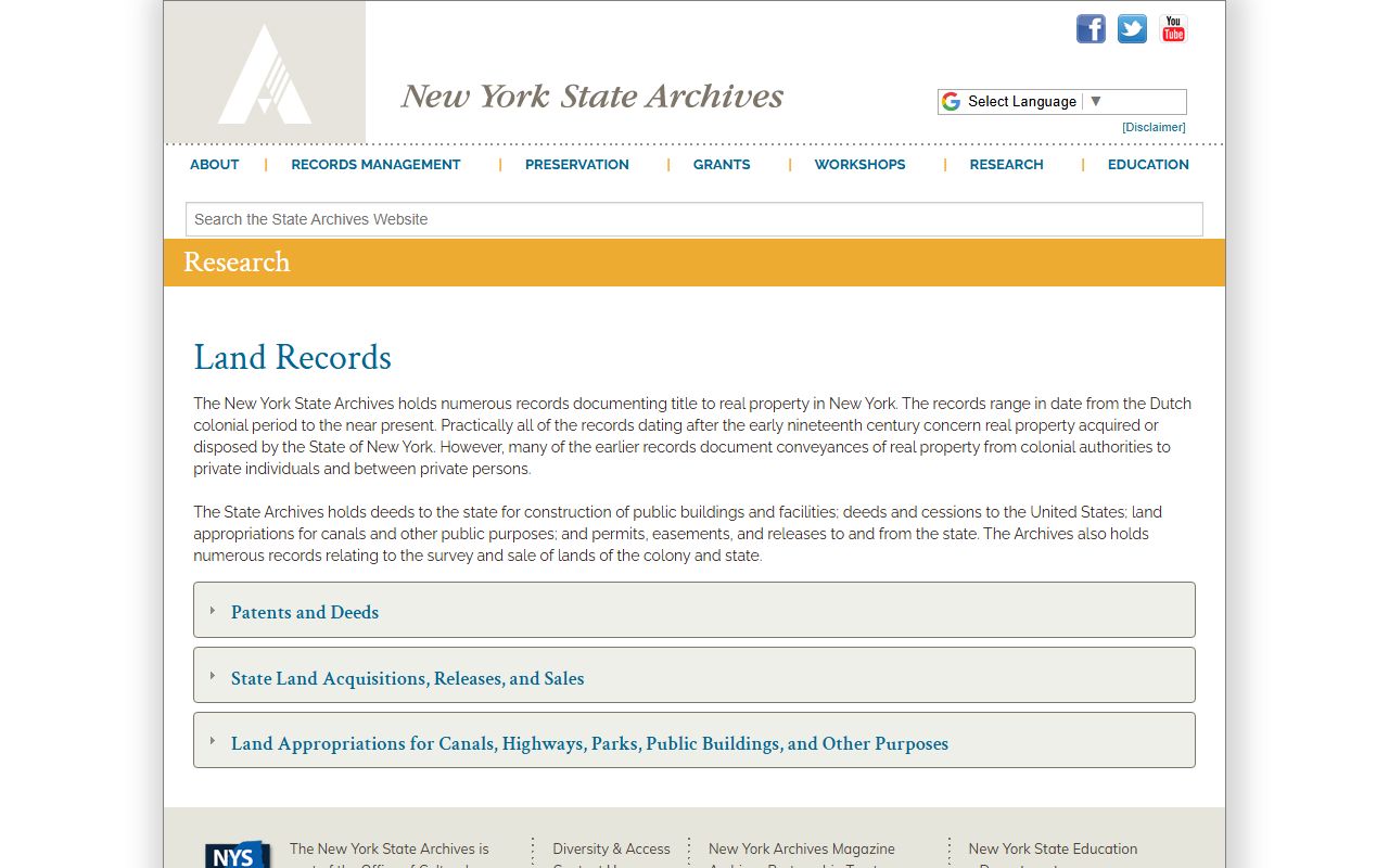 New York State Archives land records page