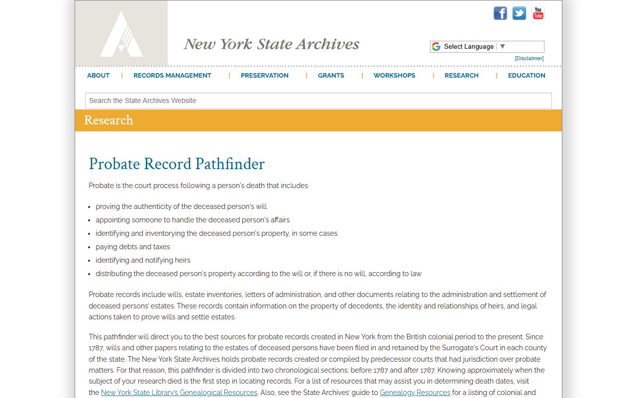 New York State Archives probate records research guide
