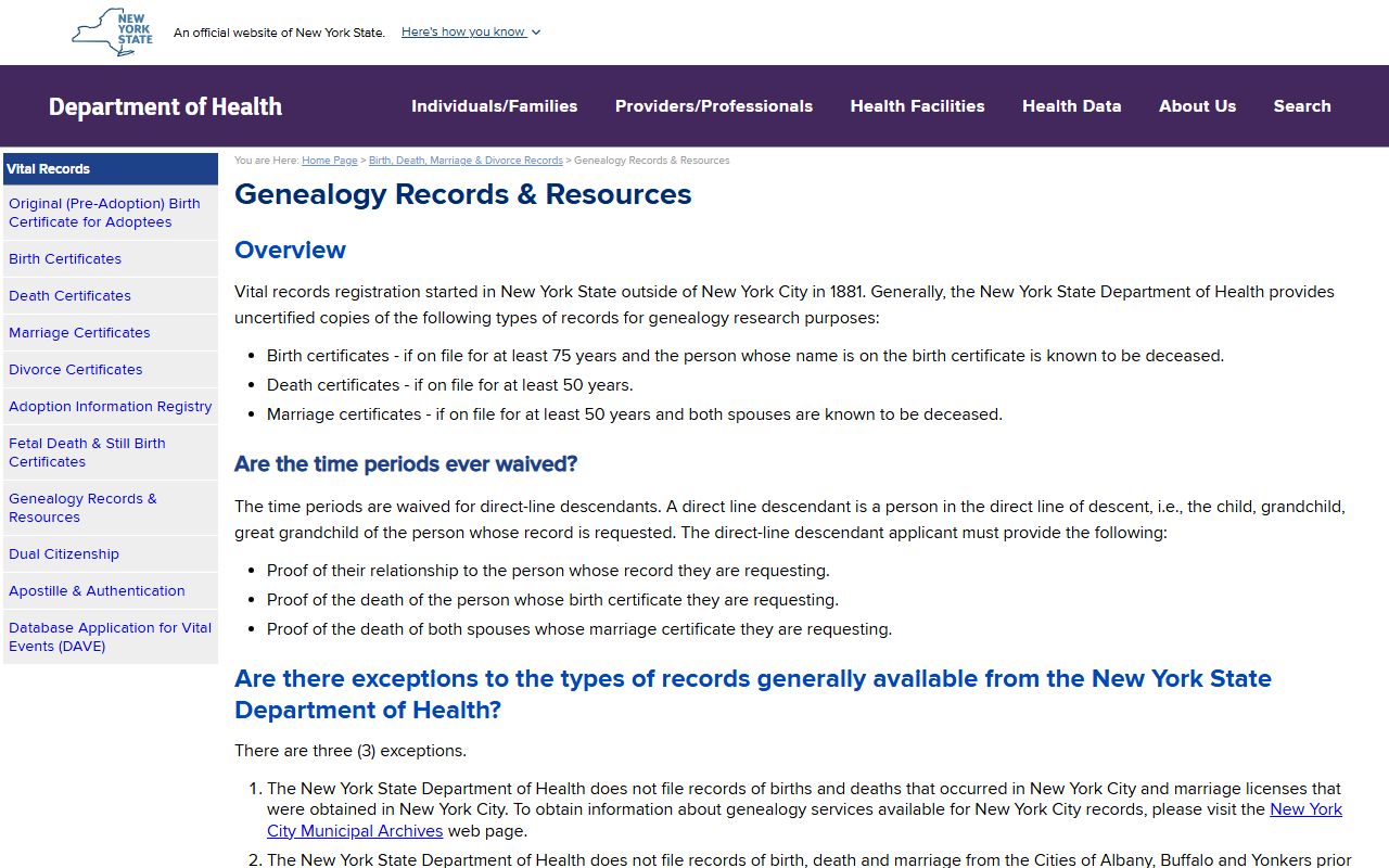 New York State Department of Health vital records genealogy page