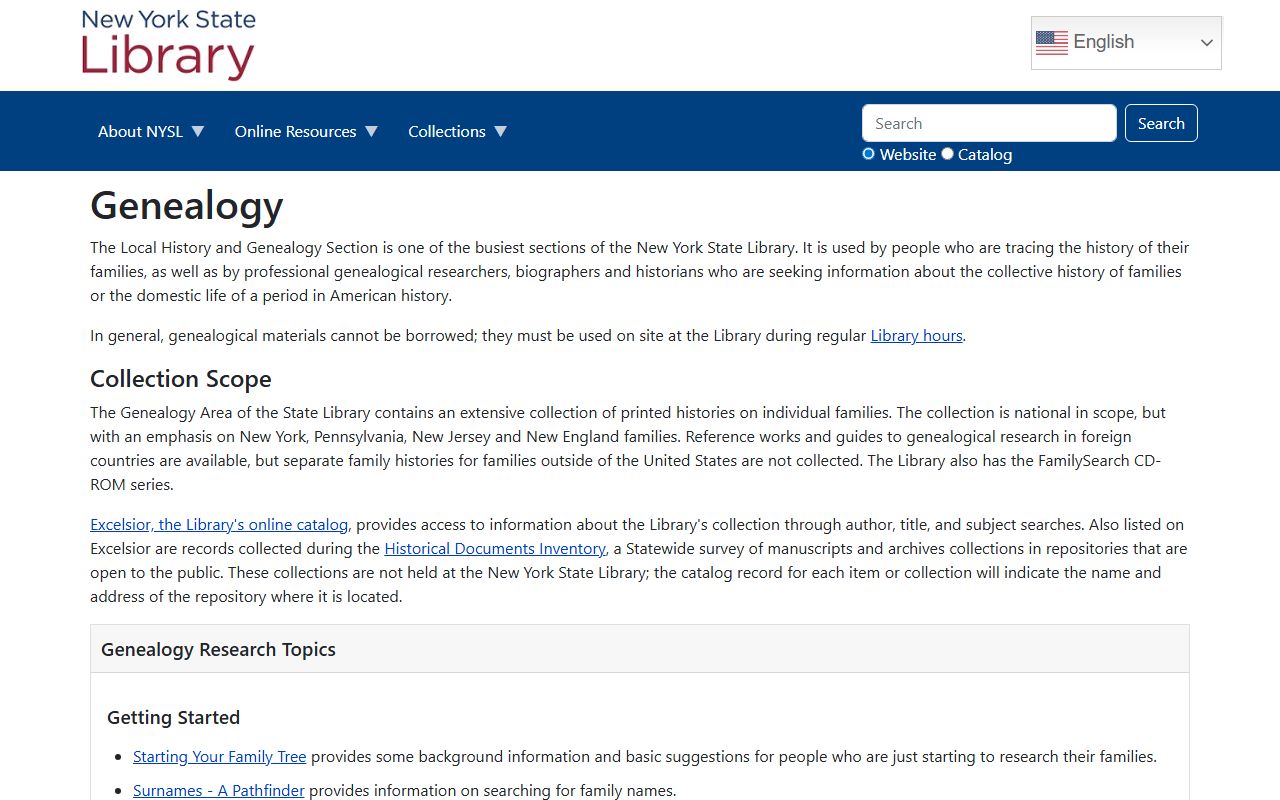 New York State Library genealogy collections page